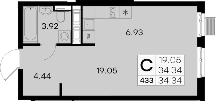 Квартира студия 34.34 м², 4/8 эт., ЖК «Glorax City Балтийская»